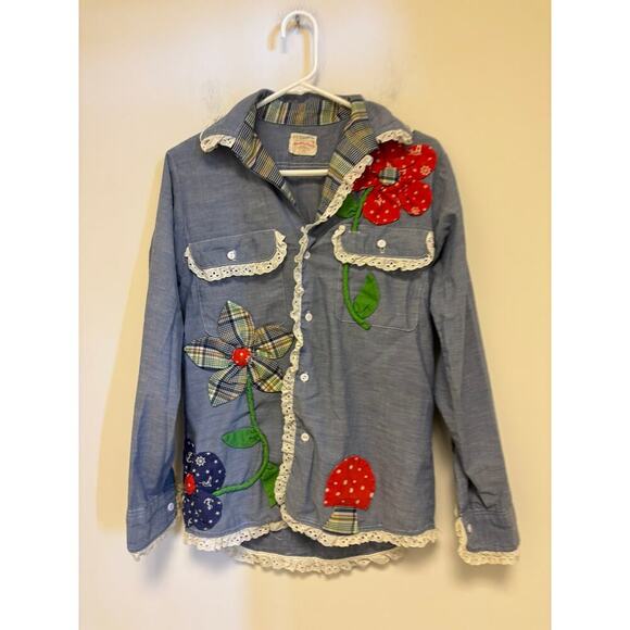 Vintage Retro Chambray Denim Embroidered Blouse Hand Made Hippie - Picture 1 of 6